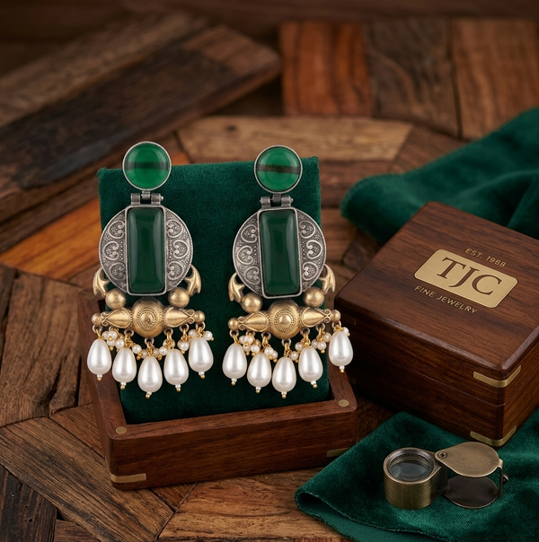 Emerald Glass | Silver & Gold (Dual) Plated | Silver Replica Oxisidised Earrings |