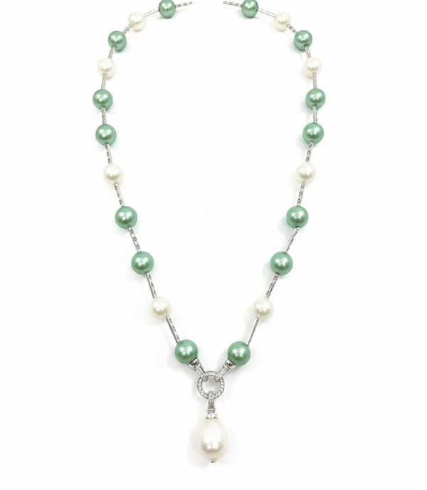 Mother of Pearl Brass Beaded Necklace/ Mala With American Diamond Accent & Statement Piece