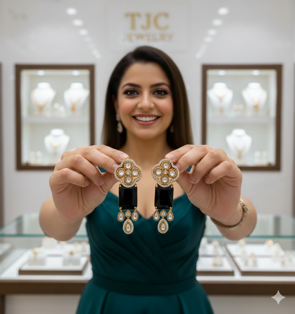 Traditional Long Tops Earrings in Black Onyx with Premium Quality & 14K Antique Gold Plated Earrings