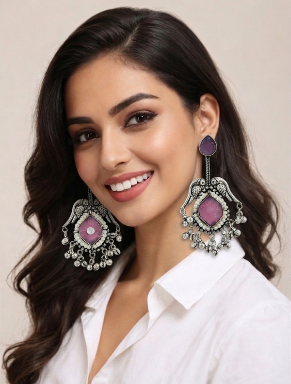 Silver Replica | Pink Chalcedony & Pearl | Oxidised Kashmiri Earrings |