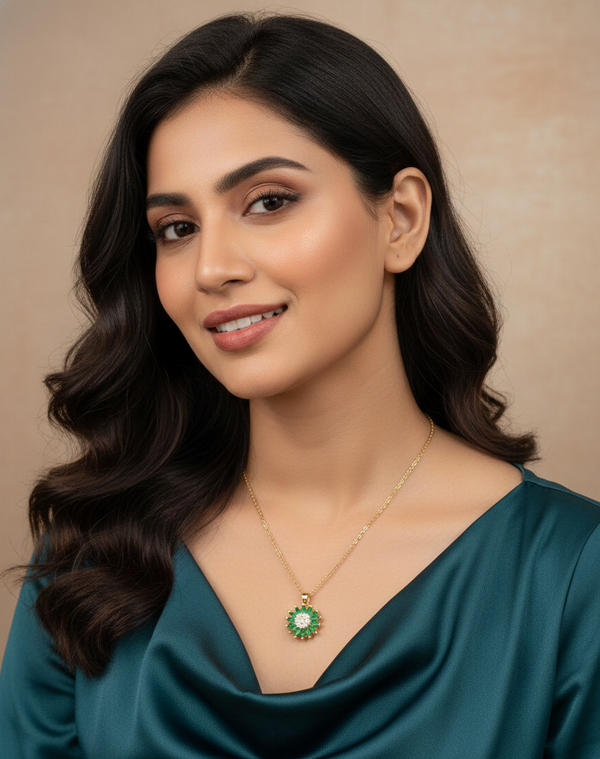 Anti - Tarnish Green Emerald Inspired Bloom Round Flower Shape Premium Chain Pendant with CZ accents