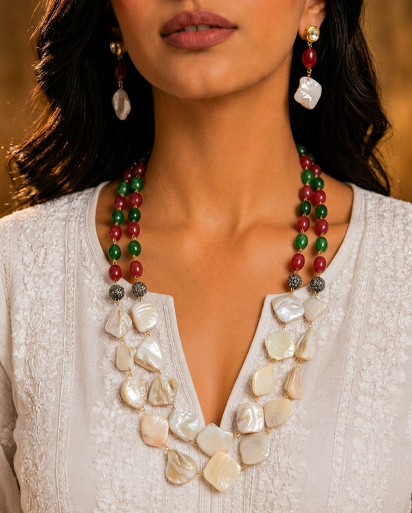 Premium Quality | Layered Mala Set | Red & Green Color |