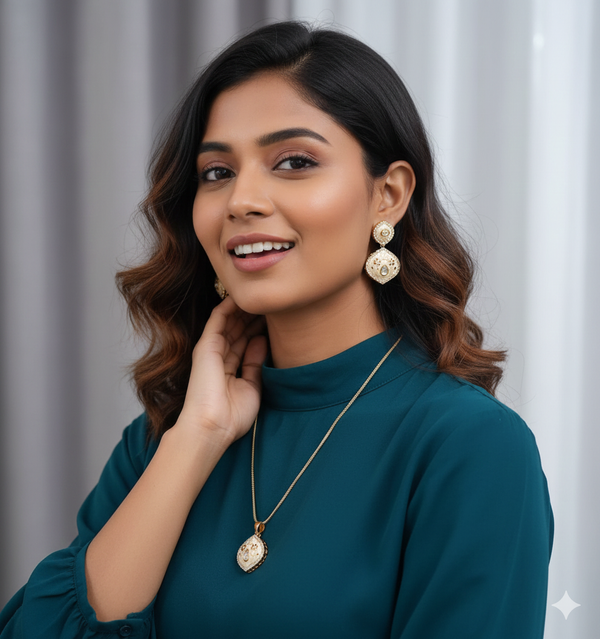 Italian Enamel Peach & Red Moissanite Polki Chain Pendant / Necklace Set