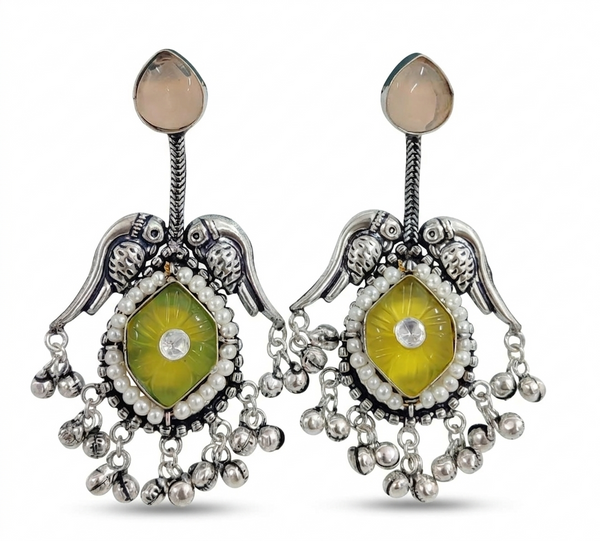 Silver Replica | Yellow Chalcedony & Pearl | Oxidised Kashmiri Earrings |