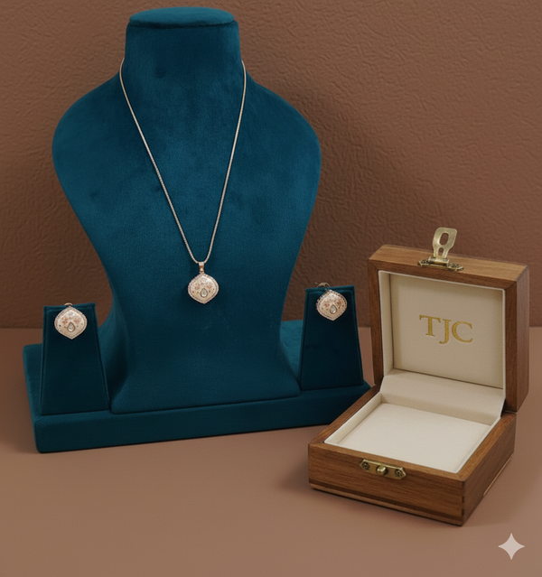 Italian Enamel Peach & Pink Moissanite Polki Chain Pendant / Necklace Set