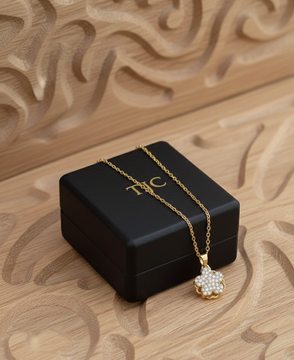 Anti - Tarnish Gold Plated Bloom Clover Five Petal Floral Shape Premium ChainPendantwith CZ Stones