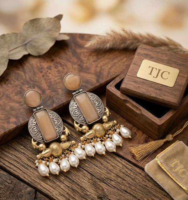 Peach Monalisa Glass | Silver & Gold (Dual) Plated | Silver Replica Oxisidised Earrings |