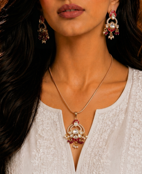 Premium Quality |Italian Meenakari | Moissanite Pendant Set | Red Color |