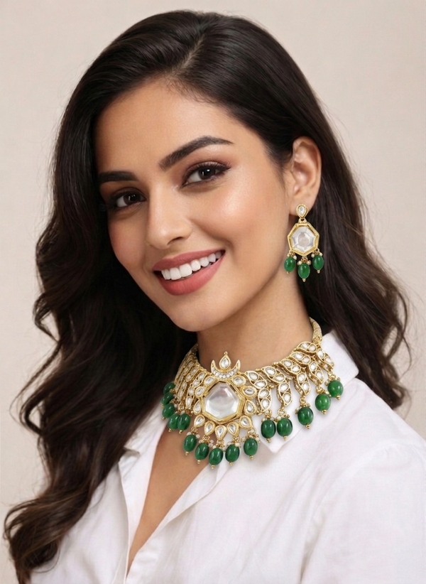 Premium Quality | Kundan Meena | Crystal Beads | Choker Necklace |