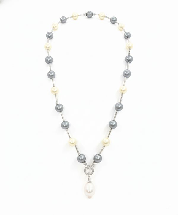 Mother of Pearl Brass Beaded Necklace/ Mala With American Diamond Accent & Statement Piece