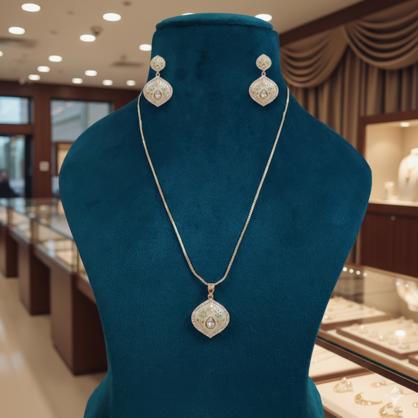 Italian Enamel Peach & Mint Moissanite Polki Chain Pendant / Necklace Set