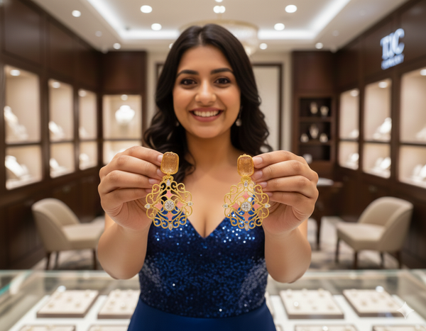 Traditional Yellow Sapphire Dangler Partywear Premium Quality Earrings in Gold Plated