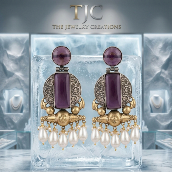 Amethyst Glass | Silver & Gold (Dual) Plated | Silver Replica Oxisidised Earrings |