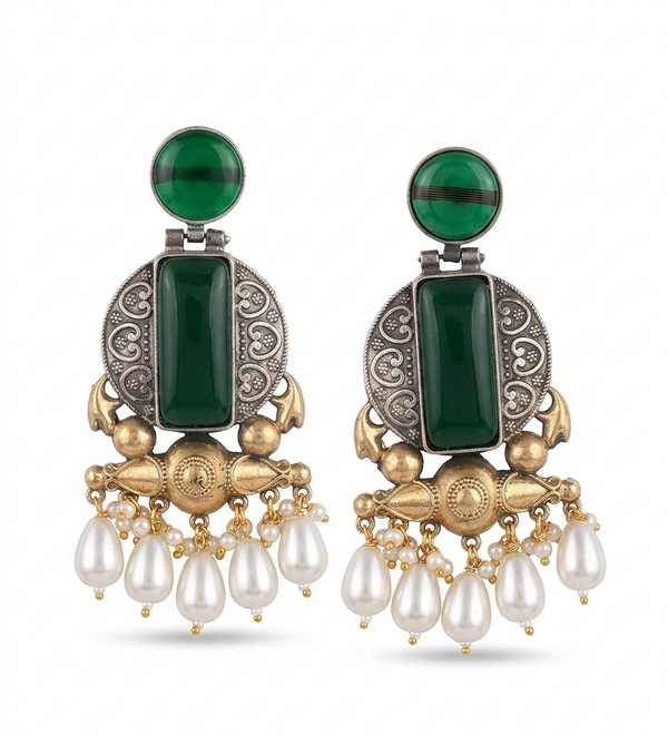 Emerald Glass | Silver & Gold (Dual) Plated | Silver Replica Oxisidised Earrings |