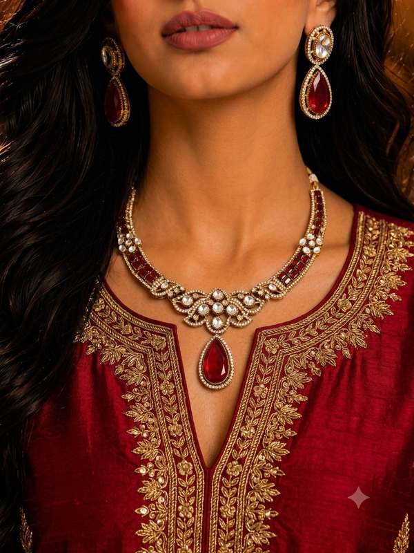 Premium Quality | Doublet Stone | Moissanite Detailing | Choker Sets | Red Color |