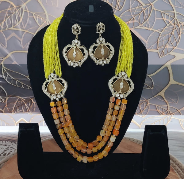 Yellow Jasper Inspired Indian Monalisa Glass Beads Elegant 3-Layer Beaded Necklace & Bollywood Celebrity Wear Premium Necklace