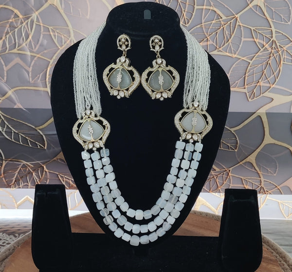 Moonstone Inspired Indian Monalisa Glass Beads Elegant 3-Layer Beaded Necklace & Bollywood Celebrity Wear Premium Necklace