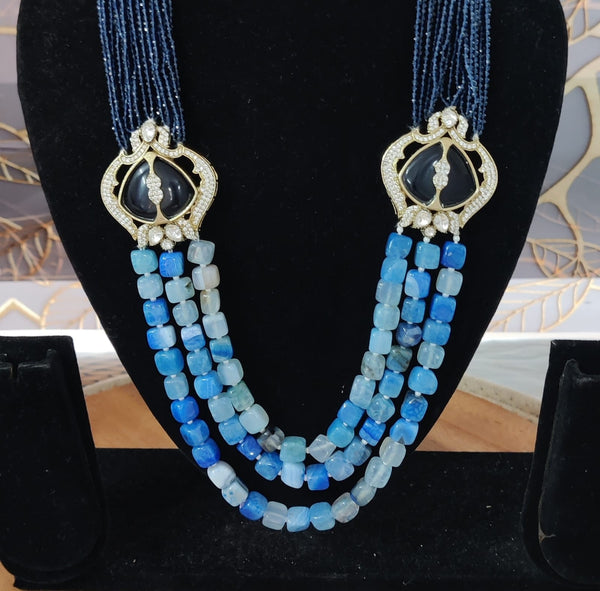 Blue Sapphire Inspired Indian Monalisa Glass Beads Elegant 3-Layer Beaded Necklace & Bollywood Celebrity Wear Premium Necklace