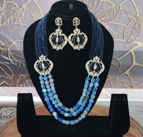 Blue Sapphire Inspired Indian Monalisa Glass Beads Elegant 3-Layer Beaded Necklace & Bollywood Celebrity Wear Premium Necklace