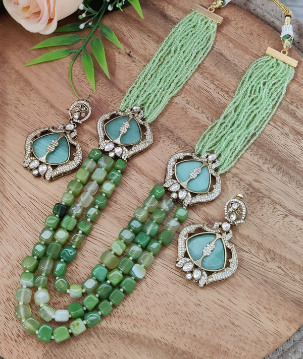 Tourmaline Inspired Indian Monalisa Glass Beads Elegant 3-Layer Beaded Necklace & Bollywood Celebrity Wear Premium Necklace