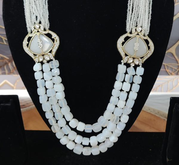 Moonstone Inspired Indian Monalisa Glass Beads Elegant 3-Layer Beaded Necklace & Bollywood Celebrity Wear Premium Necklace