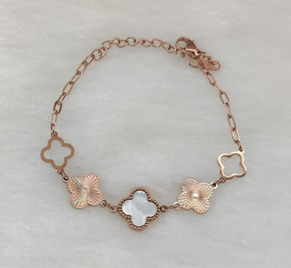 TJC – Clover Charm Bracelet in Rose Gold Tone with Mother of Pearl & Textured Accents, Adjustable Chain