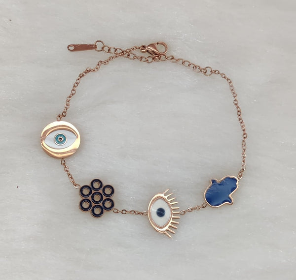 TJC – Evil Eye & Symbolic Charm Bracelet in Rose Gold Tone, Adjustable Chain with Enamel Accents