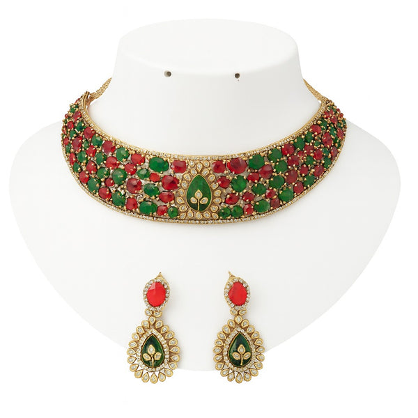 TJC Ruby-Green Mix Bridal Choker Necklace Set with Earrings
