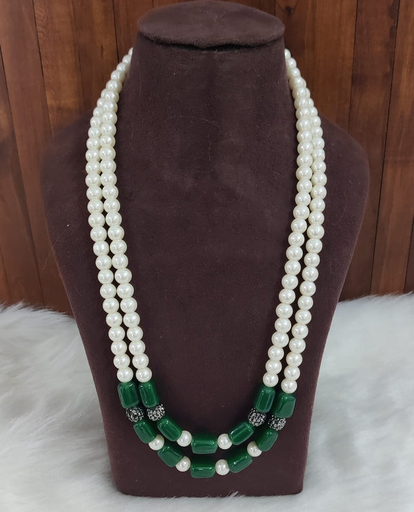 Premium Pearl Mala with Green Glass Cabochon Pendant – 24 to 26 Inches