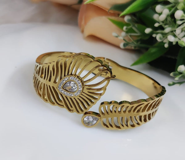 TJC Gold-Toned Anti-Tarnish Feather Design Open Cuff Bracelet
