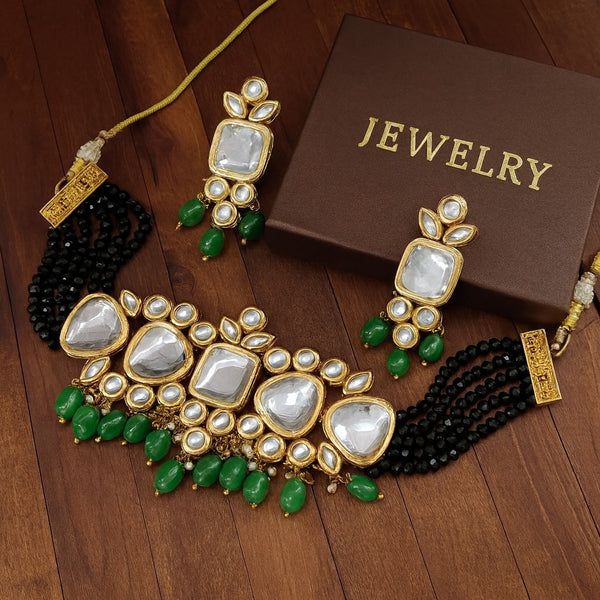 TJC Green Kundan Choker Necklace Set with Earrings | Crystal & Glass Beads | Bridal Jewelry