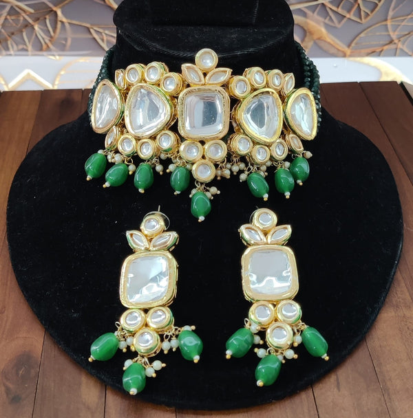 TJC Green Kundan Choker Necklace Set with Earrings | Crystal & Glass Beads | Bridal Jewelry