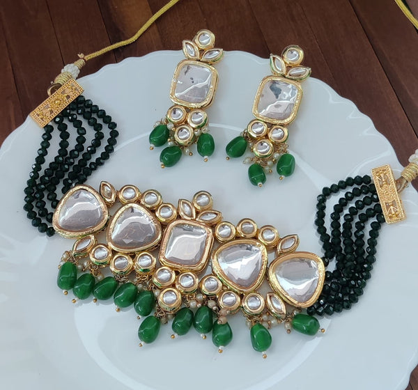 TJC Green Kundan Choker Necklace Set with Earrings | Crystal & Glass Beads | Bridal Jewelry