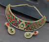 TJC Ruby-Green Mix Bridal Choker Necklace Set with Earrings