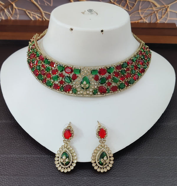 TJC Ruby-Green Mix Bridal Choker Necklace Set with Earrings