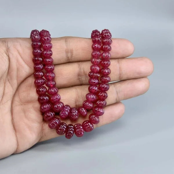 Ruby Inspired Kharbuja / Melon Shape Onyx Glass Stone Premium Beaded Necklace – 2 Layer Mala & Statement Bollywood Elegant Necklace