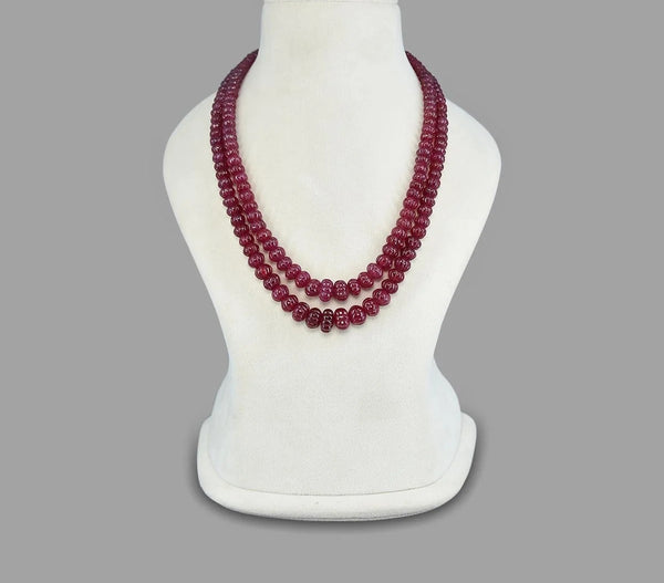 Ruby Inspired Kharbuja / Melon Shape Onyx Glass Stone Premium Beaded Necklace – 2 Layer Mala & Statement Bollywood Elegant Necklace