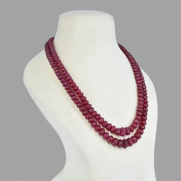 Ruby Inspired Kharbuja / Melon Shape Onyx Glass Stone Premium Beaded Necklace – 2 Layer Mala & Statement Bollywood Elegant Necklace