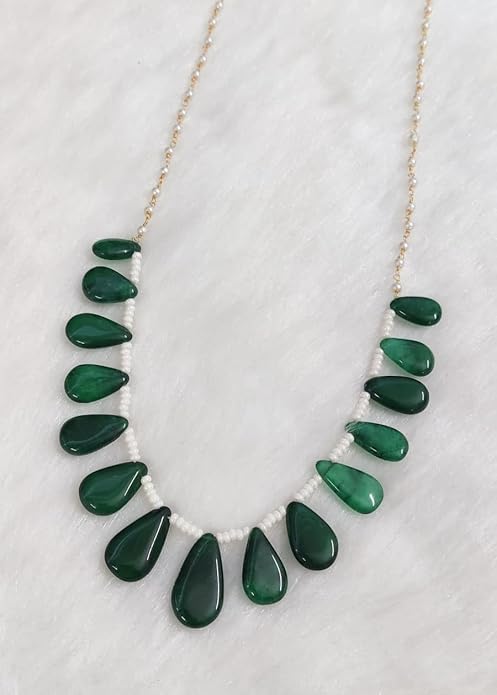 White Pearl Necklace | Green Pear-Drop Tumble Gemstones | Unisex Wedding Mala