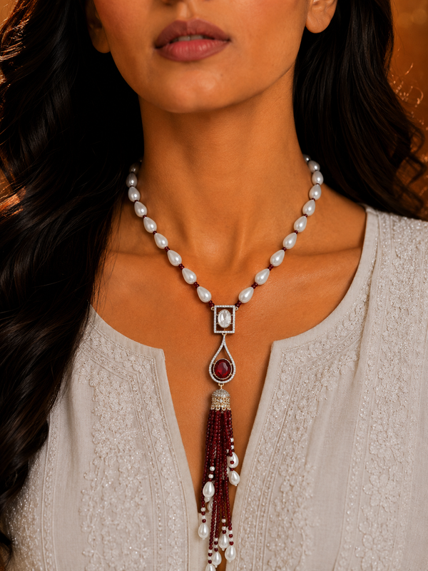 Premium Quality | Monalisa Stone | Pearl Drop Necklace | Red Color |
