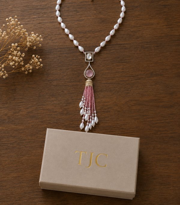 Premium Quality | Monalisa Stone | Pearl Drop Necklace | Pink Color |
