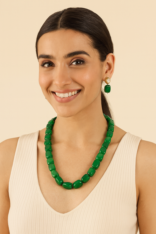 Green Emerald Doublet Tumble Mala Necklace – 24–26 Inch Statement Necklace