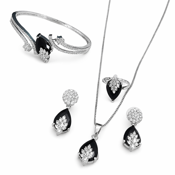 Black Onyx Inspired Faceted Glass ComboJewelry Set With American Diamond Accents | Premium Quality Earrings ,Ring , Kada And Chain Pendant