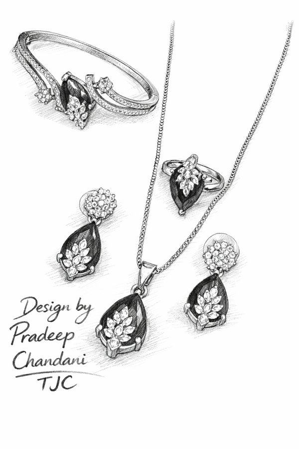 Black Onyx Inspired Faceted Glass ComboJewelry Set With American Diamond Accents | Premium Quality Earrings ,Ring , Kada And Chain Pendant
