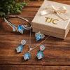Swiss Blue Topaz Inspired Faceted Glass ComboJewelry Set With American Diamond Accents | Premium Quality Earrings ,Ring , Kada And Chain Pendant