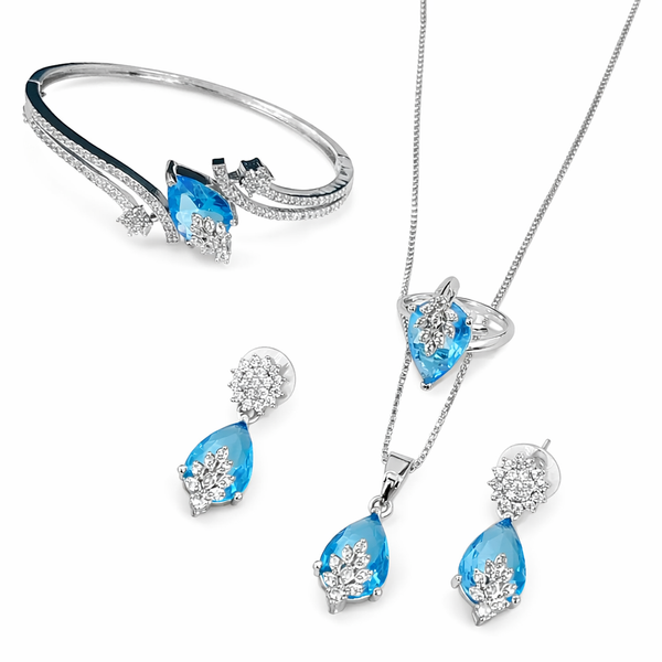 Swiss Blue Topaz Inspired Faceted Glass ComboJewelry Set With American Diamond Accents | Premium Quality Earrings ,Ring , Kada And Chain Pendant
