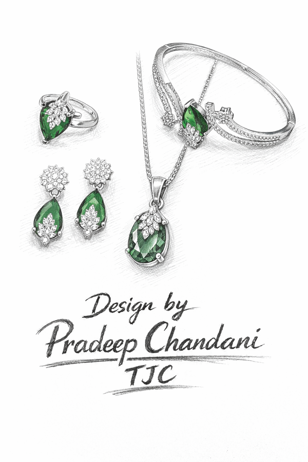 Green Emerald Inspired Faceted Glass Combo Jewelry Set With American Diamond Accents | Premium Quality Earrings ,Ring , Kada And Chain Pendant