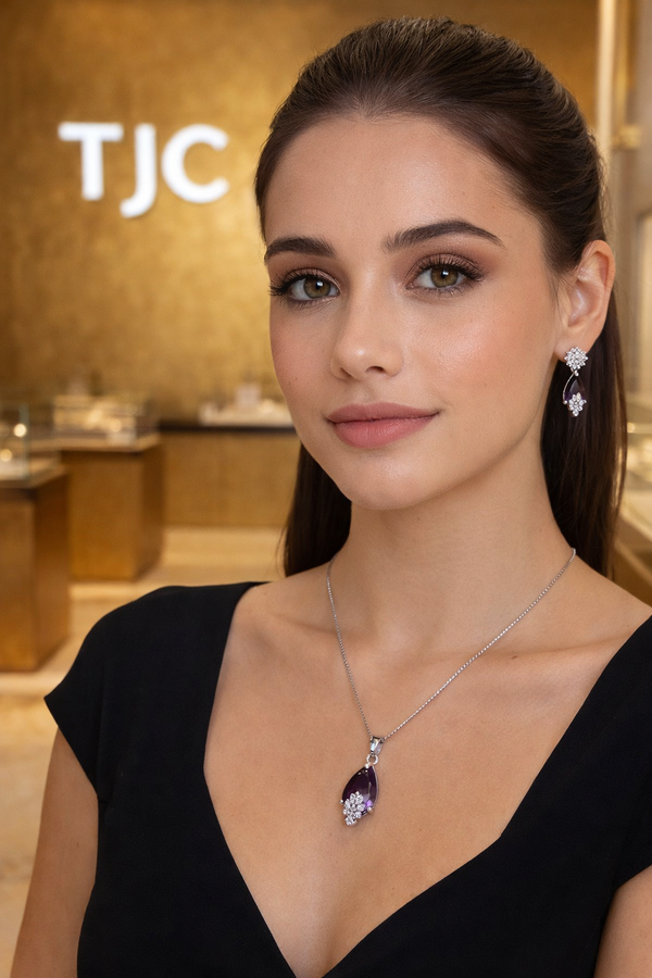 Amethyst Color Faceted Glass ComboJewelry Set With American Diamond Accents | Premium Quality Earrings ,Ring , Kada And Chain Pendant