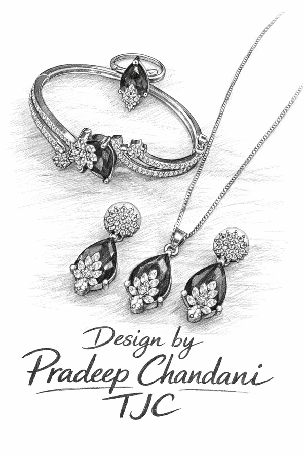 Amethyst Color Faceted Glass ComboJewelry Set With American Diamond Accents | Premium Quality Earrings ,Ring , Kada And Chain Pendant