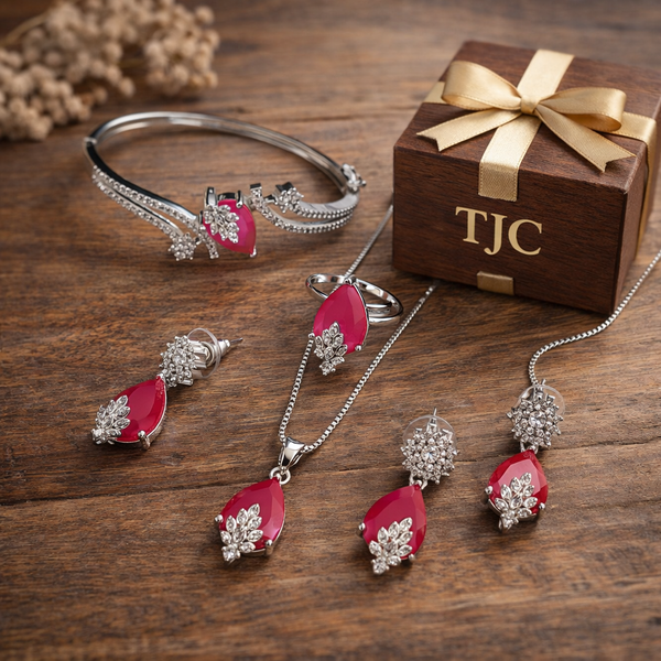 Ruby Red Faceted Glass ComboJewelry Set With American Diamond Accents | Premium Quality Earrings ,Ring , Kada And Chain Pendant
